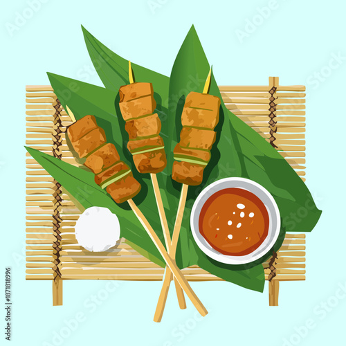 Tasty grilled meat skewers served with spicy peanut sauce and fresh rice cakes on banana leaf - Vector Illustration