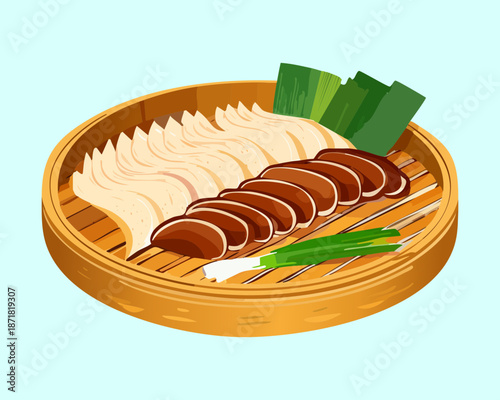 Sliced roasted chicken breast served in bamboo basket with fresh scallions and sweet soy dipping sauce - Vector Illustration