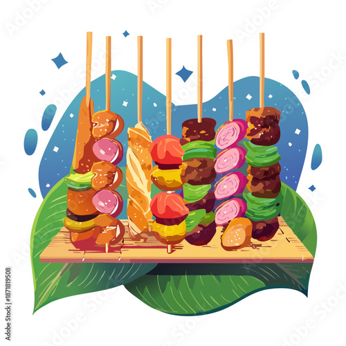 Delicious meat and vegetable skewers for summer barbecue and restaurant catering service branding and marketing materials Vector Illustration
