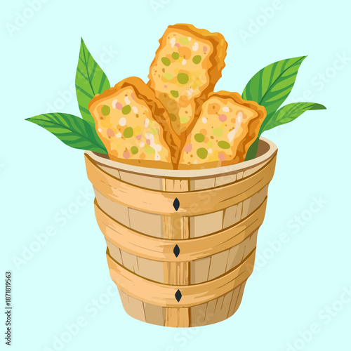 Deep fried tofu snacks in a wooden basket for healthy vegetarian appetizer and restaurant menu design Vector Illustration