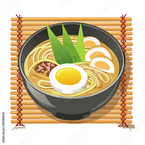Savory ramen soup with noodles and boiled egg for authentic restaurant menu and food blog content Vector Illustration