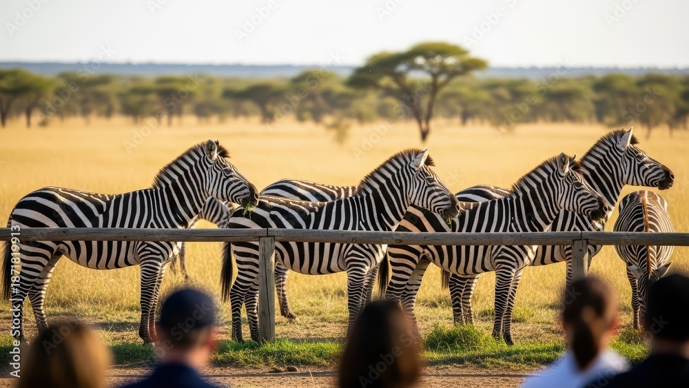 Fototapeta premium Group of zebras grazing in serengeti national park landscape with tourists observing the majestic wildlife in african savanna setting