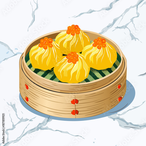 Bamboo steamer basket with hot dumplings for authentic culinary experience and traditional food restaurant branding advertising Vector Illustration
