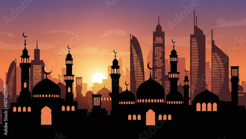 Dubai Skyline Silhouette at Sunset with Mosques and Skyscrapers Vector Illustration