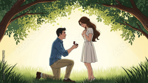 Man Proposing to Woman Kneeling Under Tree in Garden during Sunset