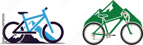Set of minimalist vector bicycle logos, elegantly combining mountain silhouettes with cycling imagery, perfect for outdoor sports branding and adventure-themed businesses