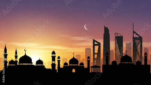 Dubai Skyline Silhouette at Sunset with Mosque and Skyscrapers Vector Illustration