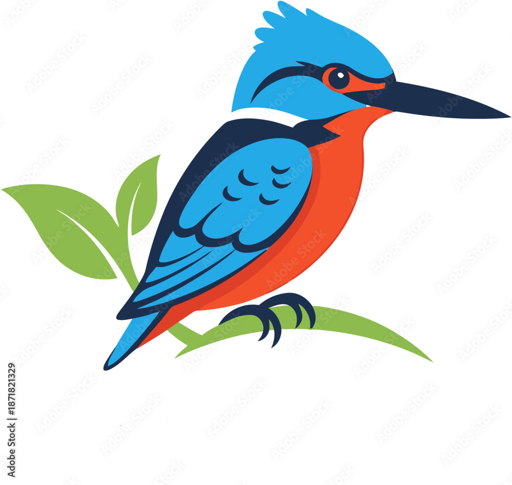 Obraz premium Vibrant Kingfisher Bird Perched on a Lush Green Branch - Colorful Wildlife Illustration for Nature and Animal Themes, Symbolizing Beauty and Freedom