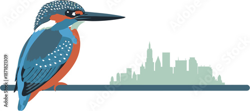 Vibrant Kingfisher Perched on a Branch with a Stylized Cityscape in the Background