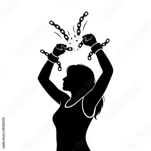 Silhouette of woman breaking free from chains.