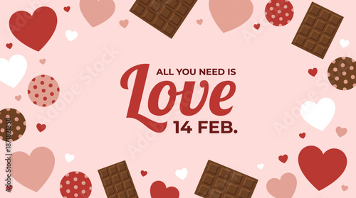 Romantic Valentine's Day scene with a pink background, hearts and chocolates for love-themed campaigns and gift ideas