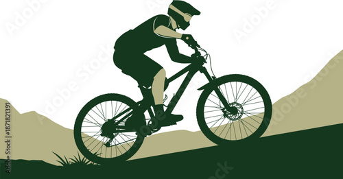 Dynamic graphic illustration of a mountain biker in action, skillfully ascending a challenging uphill trail, symbolizing adventure and the exhilarating spirit of extreme outdoor cycling