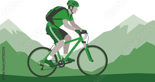 Dynamic illustration of a lone cyclist enjoying an adventurous ride through picturesque mountain trails, embracing the thrill of outdoor sport and nature's beauty