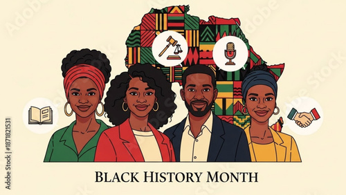 Diverse Black People Celebrating Black History Month with African Map and Icons