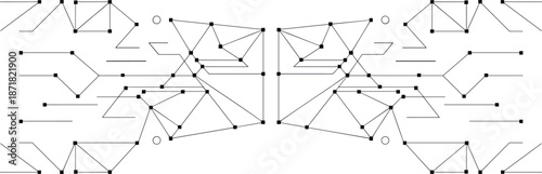 Geometric black and white line with interconnected triangular and quadrilateral shapes forming a complex symmetrical pattern