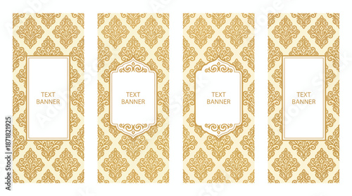 Set of four gold damask patterned cards with white text placeholders, elegant decorative stationery
