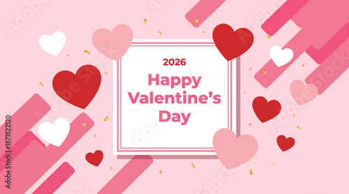 Valentine's Day themed greeting card with pink background, hearts, and a 2026 celebration for romantic gifting