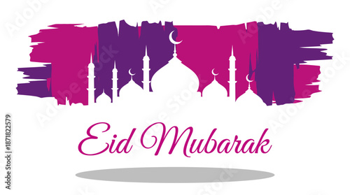 Eid Mubarak greeting banner featuring mosque silhouettes and a city skyline in purple and pink gradient