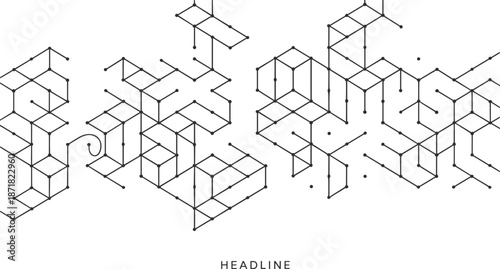 Isometric geometric network of interconnected cubes and lines forming a complex abstract structure with a headline text below