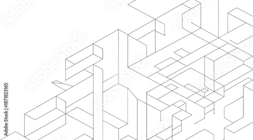 Isometric line of interconnected geometric shapes forming a complex abstract structure line geometric shapes