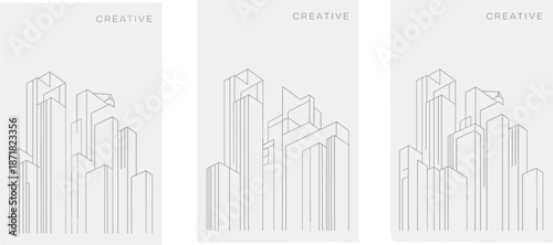 Minimalist line cityscape with tall buildings and geometric shapes on a light background skyscrapers