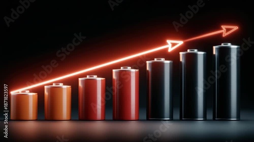 The growing battery market and investment tendency are shown by a row of cylindrical battery cells with a flashing upward arrow.