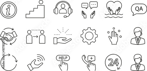 Customer support and service icon collection with helplines, communication symbols, assistance gestures, agents, tools, and business support concepts
