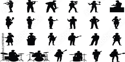Silhouettes of people playing musical instruments and holding drinks in various poses guitar violin