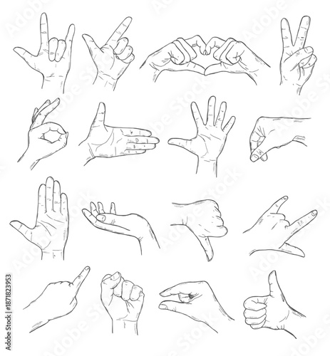 Hand gesture sketch set. Palm indicates fist, handshake, peace and love. Hand icon set. Contains gestures, collection of vector icons in line form isolated on transparent background.