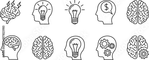 Brain and creative thinking icon collection featuring ideas, light bulbs, innovation, cognition, gears, motivation, and problem-solving symbols