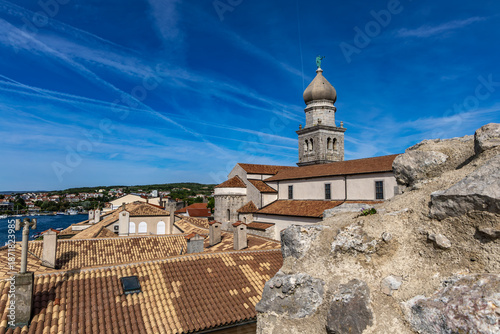 KRK, Croatia, May 28, 2025 - Frankopan Castle in Krk, ruins of the tower, courtyard with a square tower,