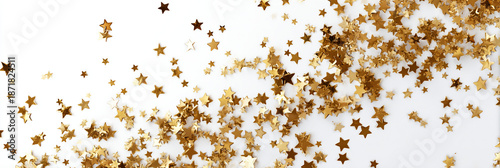 Golden star-shaped confetti scattered on a white background for celebration