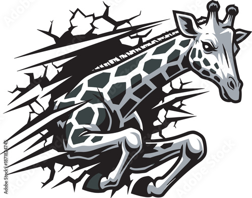 Hand drawn black and white giraffe head with geometric patch pattern and expressive eyes