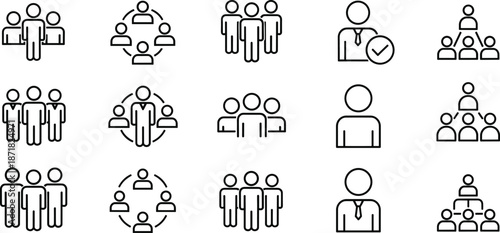 Team and leadership icon collection featuring groups, management, collaboration circles, hierarchy symbols, business people, and organizational designs