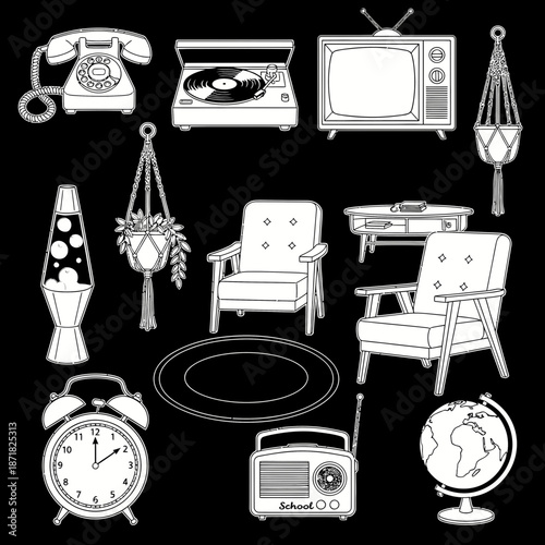 Retro vibes are back! Vintage furniture and decor create a nostalgic feel, perfect for adding a touch of old-school charm to any project or design, line art