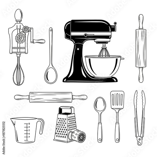 Vintage kitchen tools set perfect for baking enthusiasts, featuring classic mixer, rolling pins, grater, and measuring cup for creating delicious treats