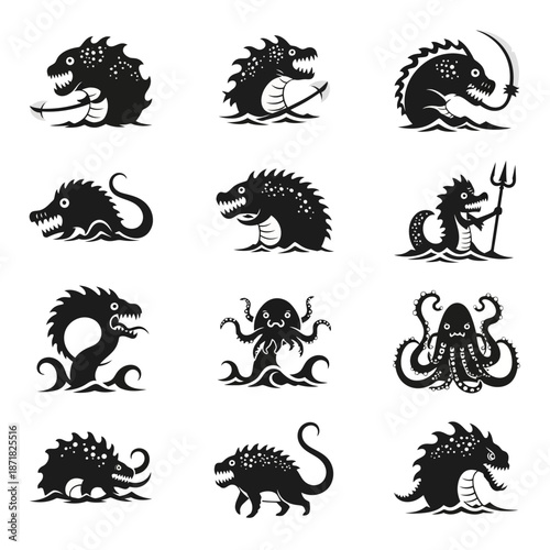 Mystical sea creatures illustrations, legendary monsters from the deep, perfect for fantasy games and mythical stories, create your own sea legends today
