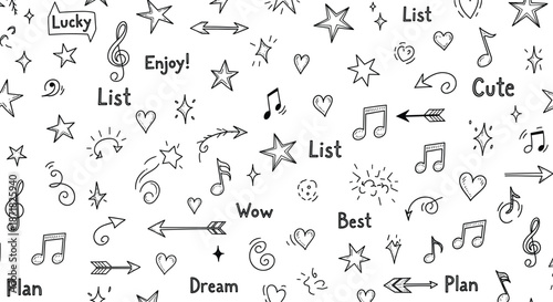 Cute decorative doodle pattern with stars, hearts, arrows, music notes, sparkles, and fun hand-drawn planner accents
