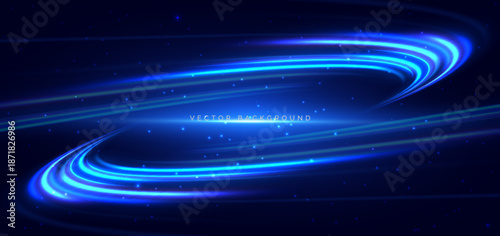 Hi-speed blue neon curve beams rays on dark blue background.