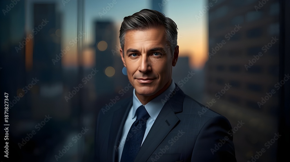 Fototapeta premium Portrait of a business executive in a formal suit with an urban background, symbolizing career success, professionalism, and corporate lifestyle.