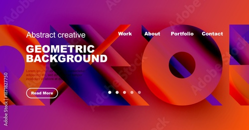 Vibrant geometric background design. Modern website header with text, button, navigation elements. Purple, orange hues dominate composition.