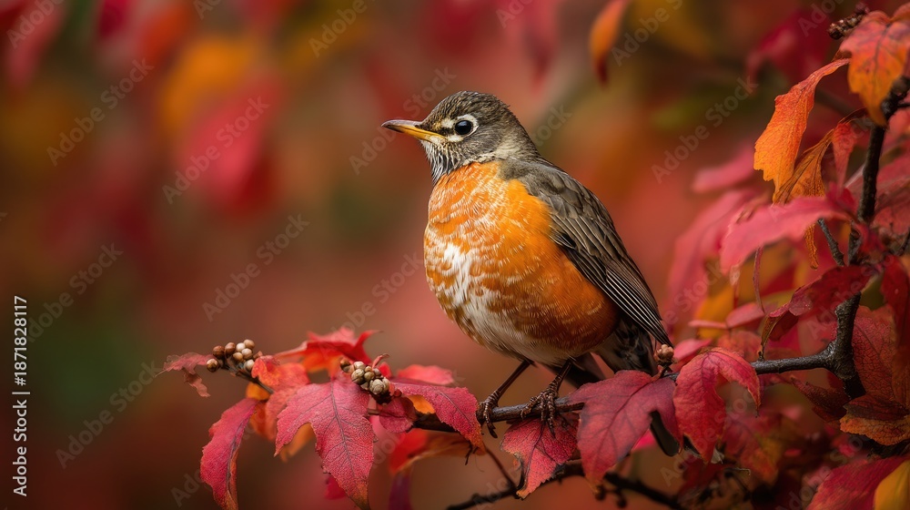 Fototapeta premium A Beautiful American Robin Perched on a Vibrant Autumn Maple Branch Surrounded by Colorful Red and Orange Leaves in a Soft Natural Light