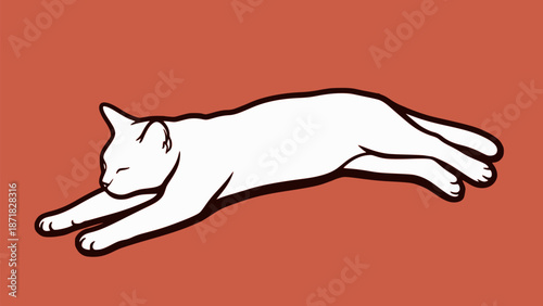 Minimalist illustration of a white cat stretching, line art style on terracotta background.
