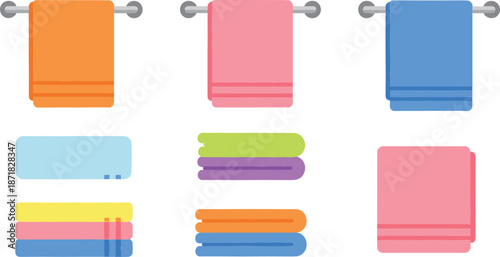Set of colorful bath towels hanging on rails and neatly folded stacks of linens, soft cotton textile collection for bathroom and home decor.