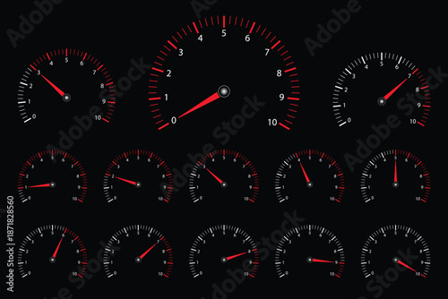 Collection of eleven different dashboard gauges with red needles on black background