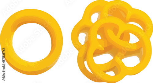 Yellow Ring and Pile of Pretzel Rings on White Background