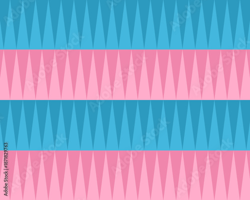 幾何学的な三角形のシームレスな背景パターン素材：パステルカラーのピンクと水色のストライプ、幾何学模様、テキスタイルデザイン。おしゃれで可愛い北欧風の装飾バックグラウンド、ベクター素材。チラシ、ウェブサイト、ラッピング用紙の背景に最適。