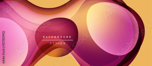 Abstract fluid shapes overlap, creating vibrant gradients. Warm colors dominate, with pinks, oranges, yellows blending seamlessly. Modern design element.