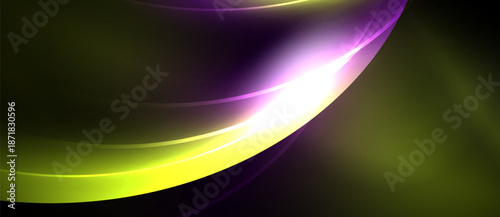 Abstract design features flowing curves, vibrant colors. Yellow, purple, white blend into dark background. Modern, dynamic composition.