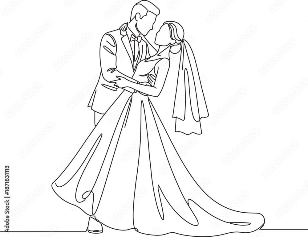 Fototapeta premium Minimal line art illustration of romantic wedding couple dancing together in elegant outline style